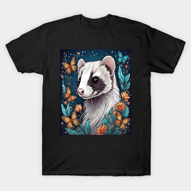 Ferret In Cottage Core and Filigree Style Art T-Shirt by BirdsnStuff